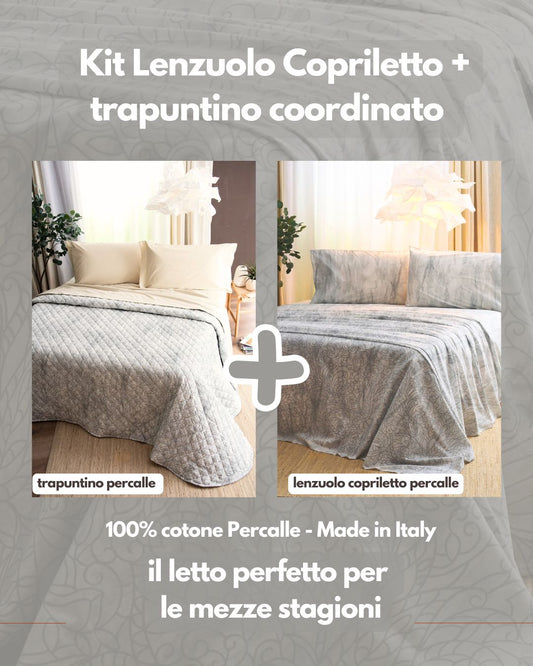 Kit Primavera/Autunno - Trapuntino 100gr in Percalle di Puro Cotone + Lenzuolo Matrimoniale Copriletto in Percalle di Puro Cotone - Serena
