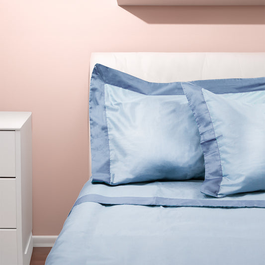 Luxury - Artigianato Fiorentino - Set lenzuola matrimoniale Percalle  - 100% cotone - Doppia balza raso - Colore Azzurro