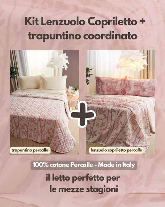 Kit Primavera/Autunno - Trapuntino 100gr in Percalle di Puro Cotone  + Lenzuolo Matrimoniale Copriletto in Percalle di Puro Cotone -  Armonia