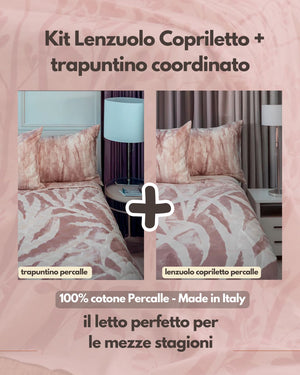 Kit Primavera/Autunno - Trapuntino 100gr in Percalle di Puro Cotone  + Lenzuolo Matrimoniale Copriletto in Percalle di Puro Cotone -  Trame di Sogni - Rosa
