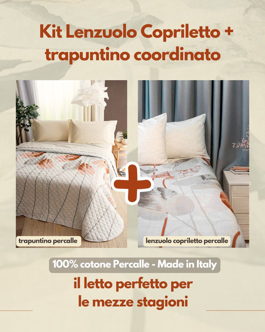 Kit Primavera/Autunno- Trapuntino 100gr in Percalle di Puro Cotone  + Lenzuolo Matrimoniale Copriletto in Percalle di Puro Cotone -  Botanic Chic Rame