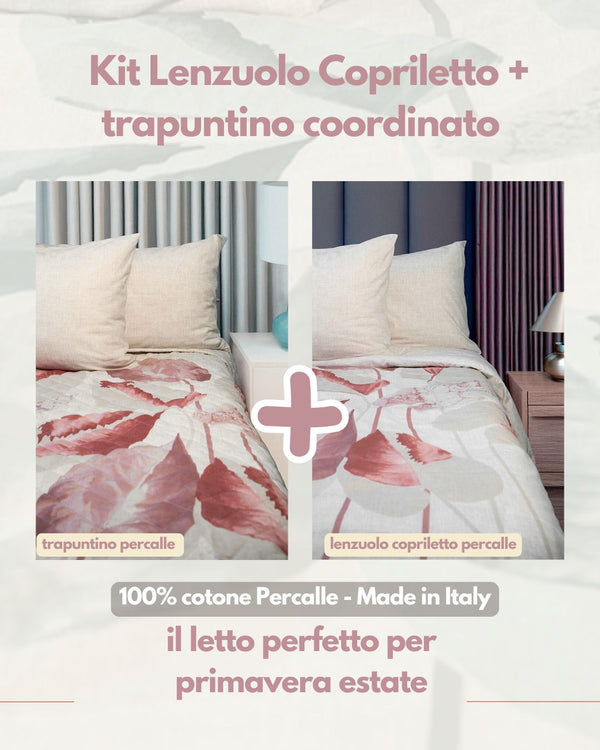 Kit Primavera- Trapuntino leggero in Percalle di Puro Cotone  + Lenzuolo Matrimoniale Copriletto in Percalle di Puro Cotone -  Botanic Chic Rosa