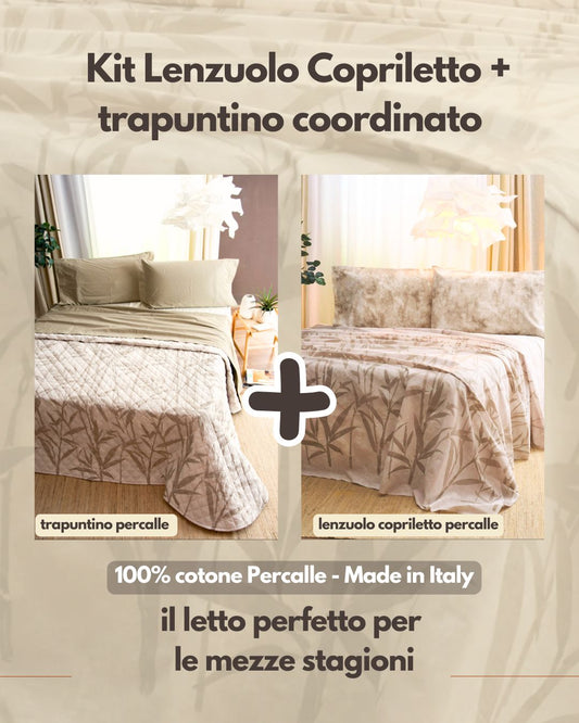 Kit Primavera/Autunno - Trapuntino 100gr in Percalle di Puro Cotone  + Lenzuolo Matrimoniale Copriletto in Percalle di Puro Cotone -  Naturalia