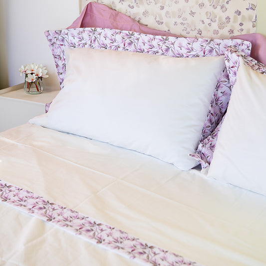 Luxury - Artigianato Fiorentino - Set lenzuola Misura Francese Percalle   - 100% cotone - Balza in Stampa Digitale - Petalo Rosa