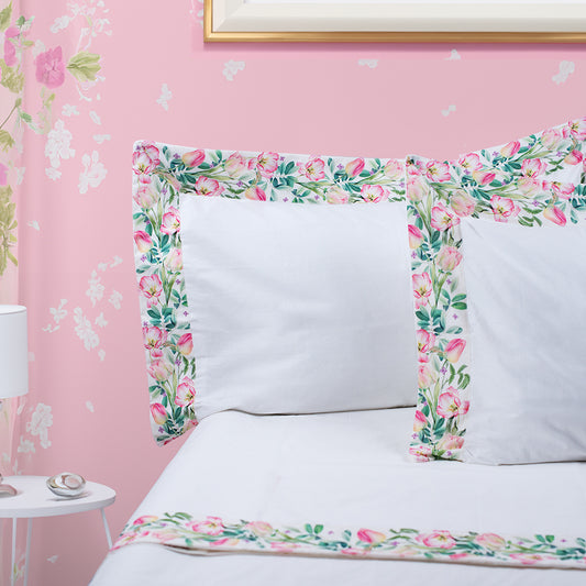 Luxury - Artigianato Fiorentino - Set lenzuola Misura Francese Percalle  - 100% cotone - Balza in Stampa Digitale - Tulipano