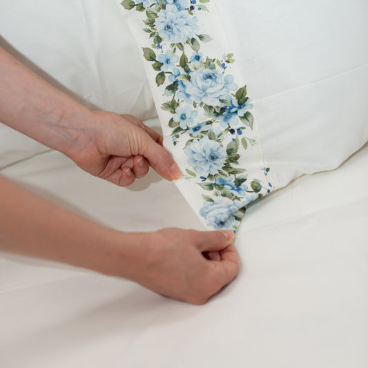 Luxury - Artigianato Fiorentino - Set lenzuola Misura Francese Percalle  - 100% cotone - Balza Stampa Digitale - Mazzolino Celeste