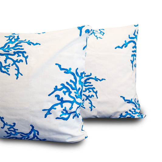 Coppia Federe Cuscini Letto - 100% Cotone Percalle - Corallo Blu