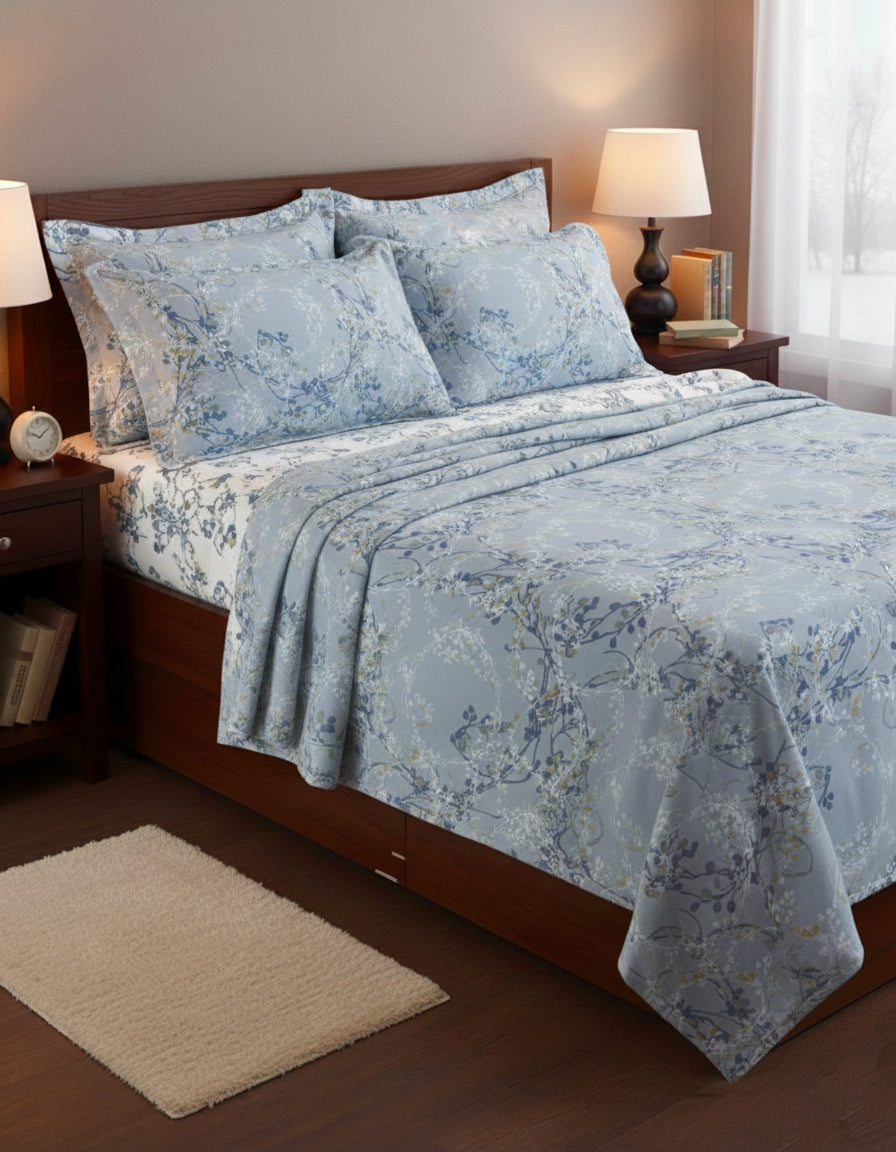 Set Lenzuola Singolo - Flanella di Puro Cotone  - Queen - Avio