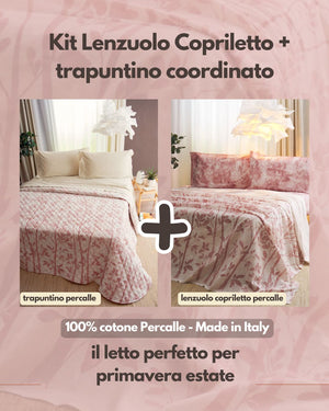 Kit Primavera- Trapuntino leggero in Percalle di Puro Cotone  + Lenzuolo Matrimoniale Copriletto in Percalle di Puro Cotone -  Armonia