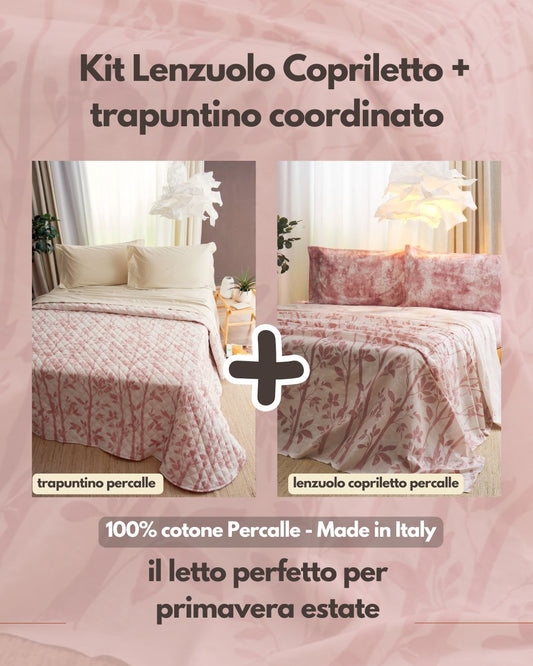 Kit Primavera- Trapuntino leggero in Percalle di Puro Cotone  + Lenzuolo Matrimoniale Copriletto in Percalle di Puro Cotone -  Armonia