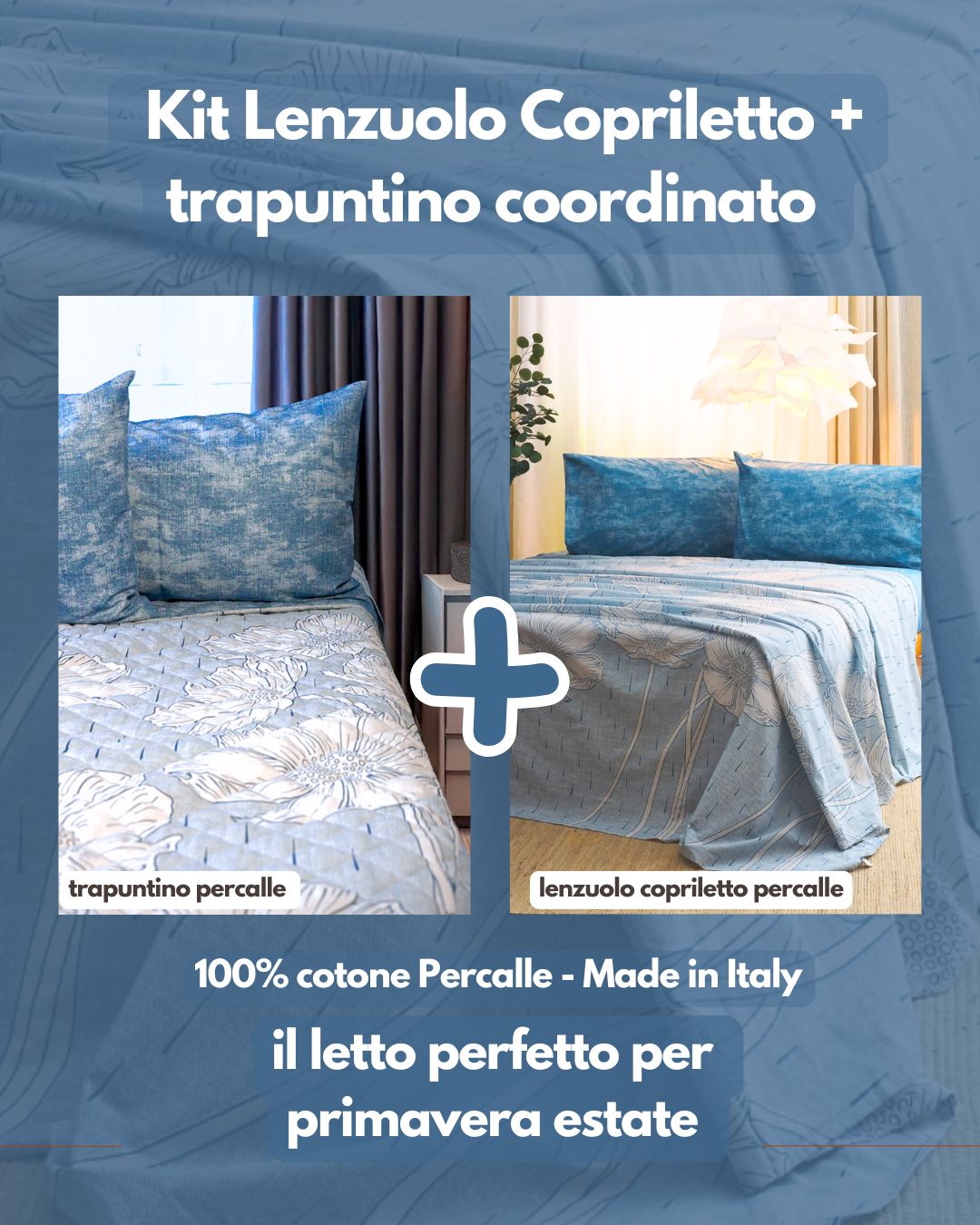Kit Primavera - Trapuntino leggero in Percalle di Puro Cotone  + Lenzuolo Matrimoniale Copriletto in Percalle di Puro Cotone - Essenza Floreale Petrolio