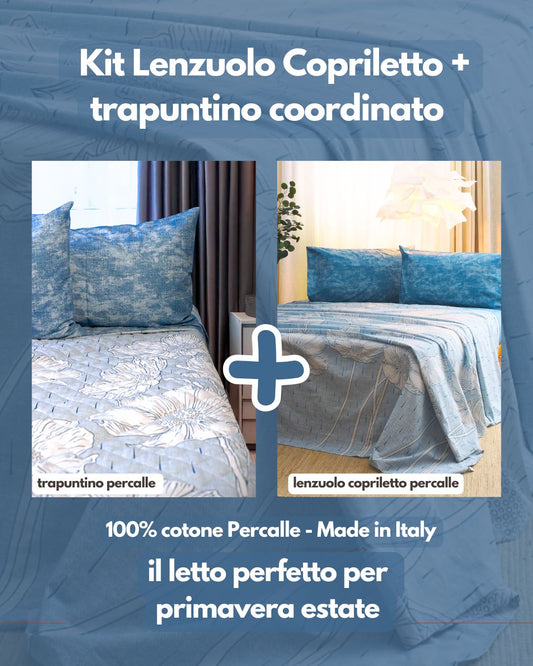 Kit Primavera - Trapuntino leggero in Percalle di Puro Cotone  + Lenzuolo Matrimoniale Copriletto in Percalle di Puro Cotone - Essenza Floreale Petrolio