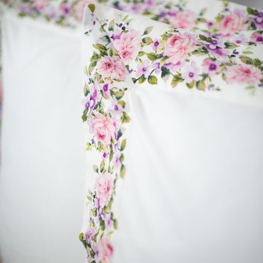 Luxury - Artigianato Fiorentino - Set lenzuola Misura Francese Percalle  - 100% cotone - Balza Stampa Digitale - Mazzolino Lilla