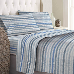 Set Lenzuola Matrimoniali - Flanella di Puro Cotone  - Rigato Celeste
