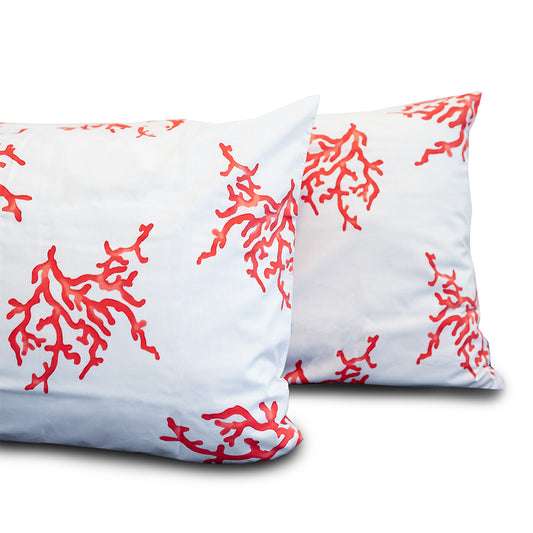 Coppia Federe Cuscini Letto - 100% Cotone Percalle - Corallo Rosso