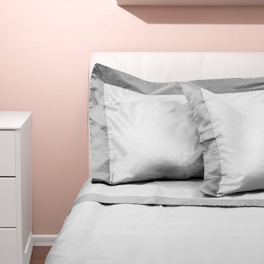 Luxury - Artigianato Fiorentino - Set lenzuola matrimoniale Percalle  - 100% cotone - Doppia balza raso - Colore Grigio