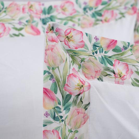 Luxury - Artigianato Fiorentino - Set lenzuola Misura Francese Percalle  - 100% cotone - Balza in Stampa Digitale - Tulipano